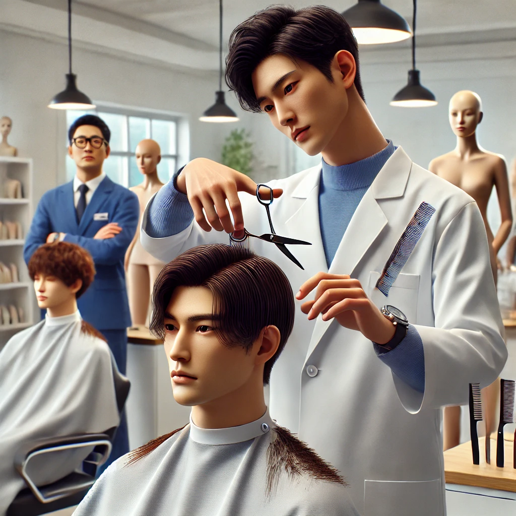 미용사가 미용사 실기 시험을 치르며 마네킹 머리를 섬세하게 커트하는 모습. 뒷편에는 감독관들이 시험을 관찰하고 있는 진지한 시험 분위기