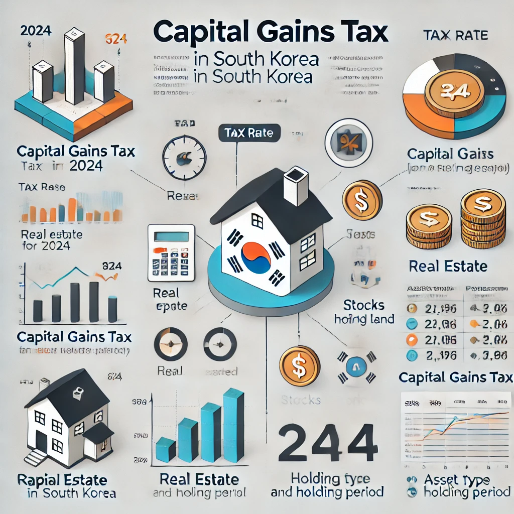 2024년 한국 양도소득세율과 자산 유형별 세율 구조를 설명하는 인포그래픽