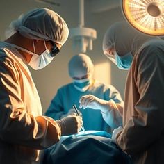 파란-마스크를-낀-세명의-의사들이-땀방울을-흘리며-수술하는-모습
