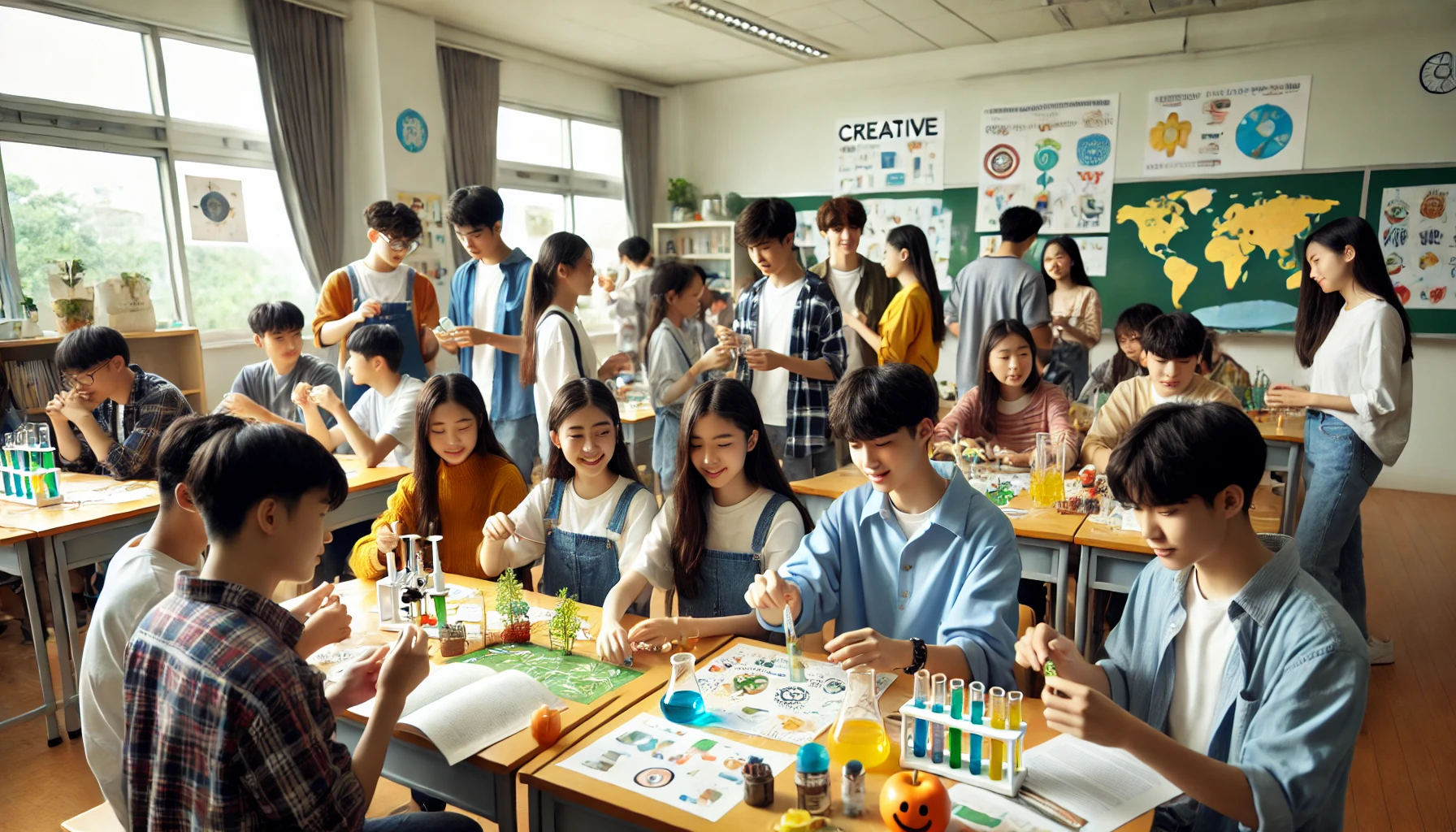 창의적 체험활동에 참여하는 고등학생들의 활기찬 모습을 담은 이미지