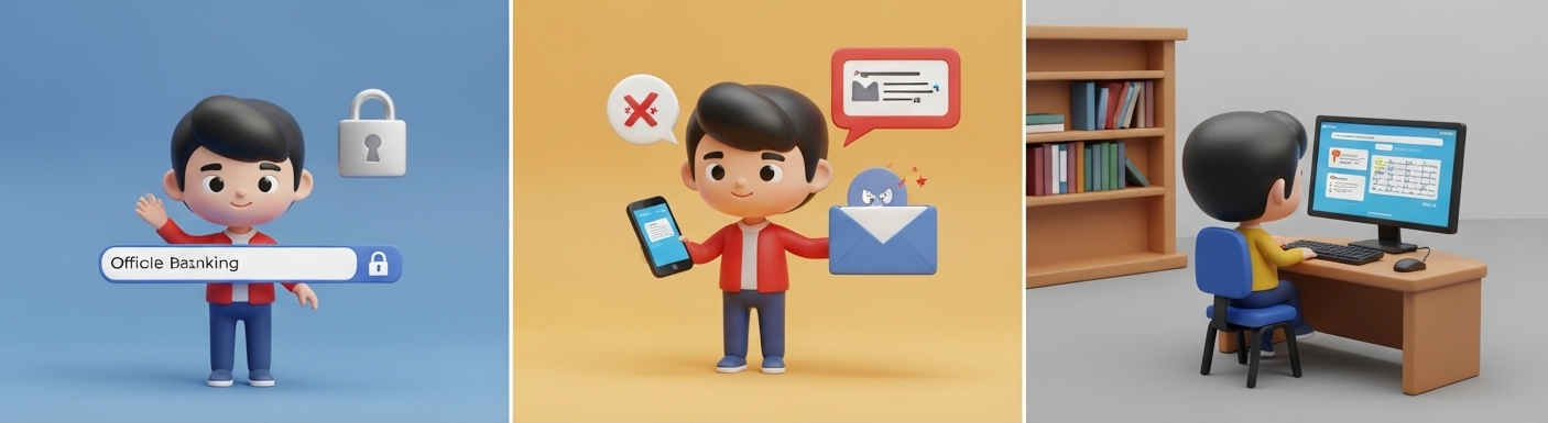 Person staying safe online by verifying official address avoiding phishing links logging out of public computers and updating password