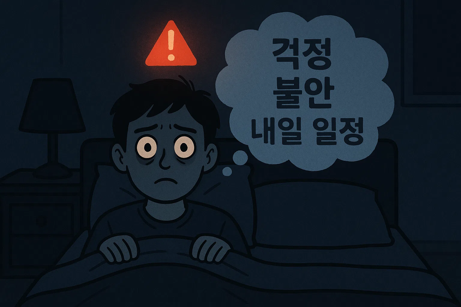 침대에 누운 사람이 눈을 크게 뜬 채 생각 풍선 속에 ‘걱정, 불안, 내일 일정’ 등이 떠다니는 장면