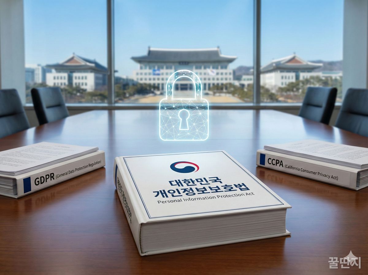 전 세계 및 한국의 강화된 개인 정보 보호 법규를 나타내는 이미지