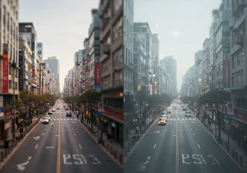 서울 시내 풍경이 선명하게 보이는 좌측과 뿌옇게 보이는 우측이 대비되는 사실적인 이미지