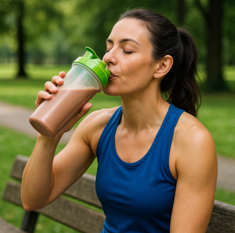 달리기를 마친 러너가 공원 벤치에서 단백질 쉐이크를 마시는 장면 이미지