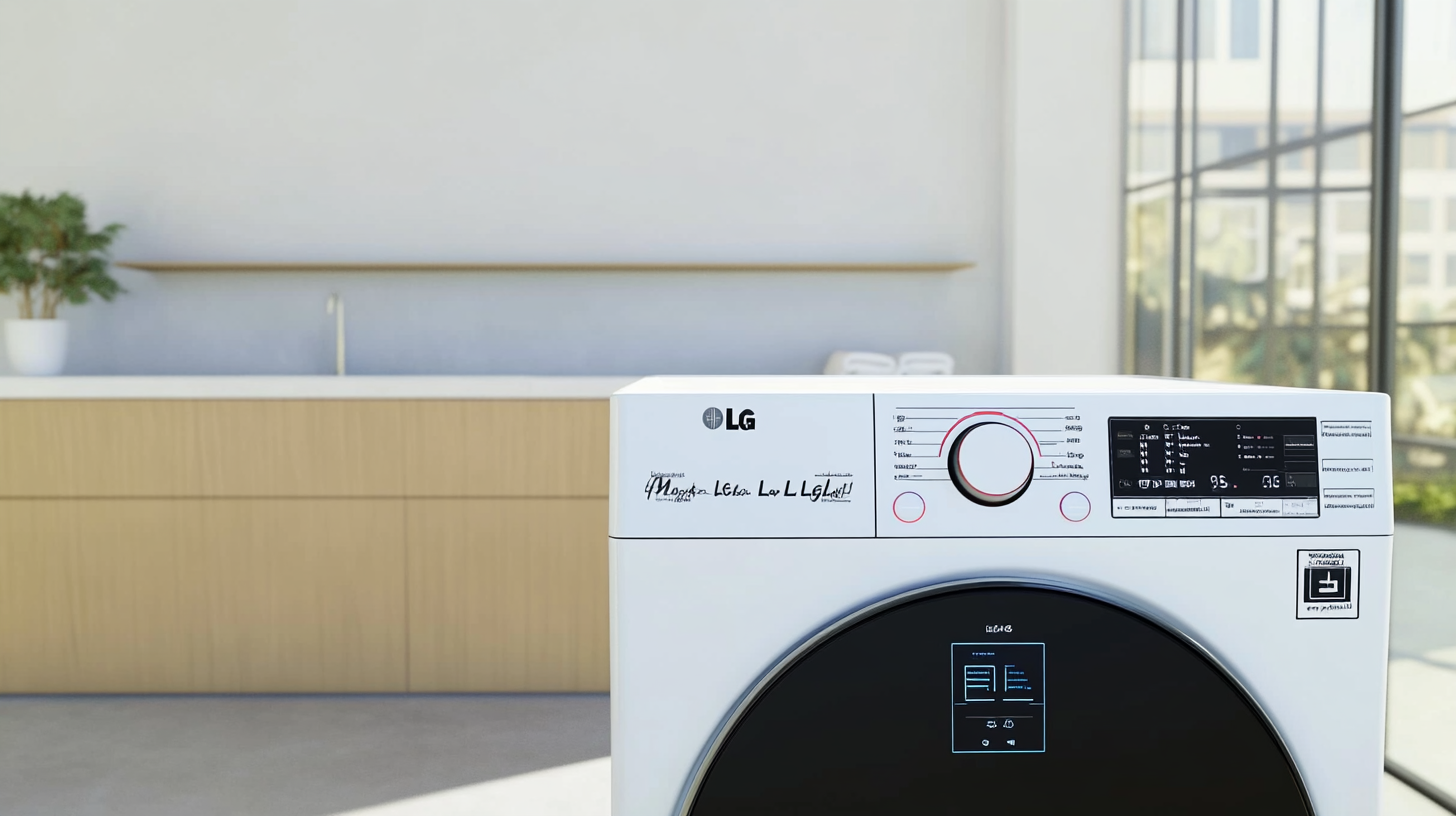 LG 블랙라벨 세탁기가 놓인 미니멀리스트 스타일의 세탁 공간, 디지털 제어 패널이 돋보이고 따뜻한 중립 색감의 현대적인 분위기