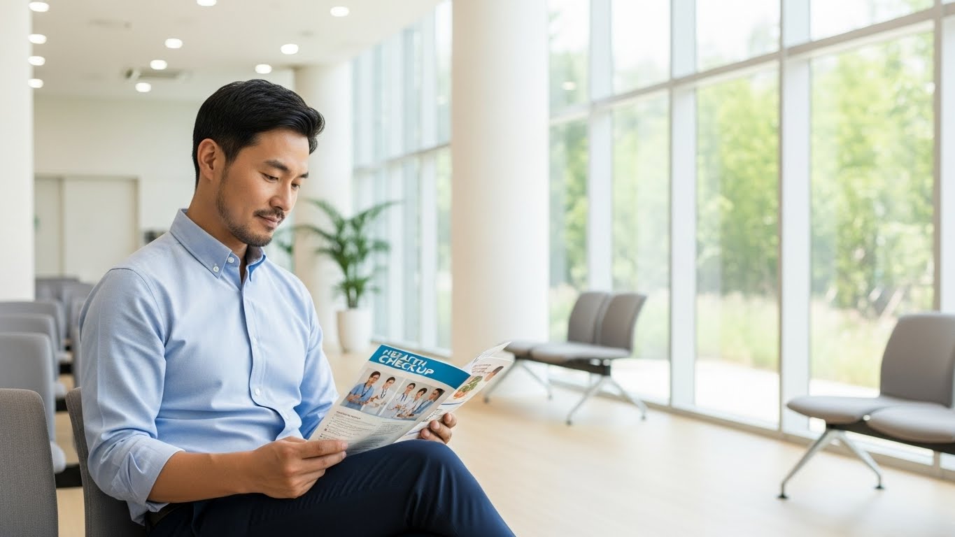 미래의 건강을 위해 건강검진 센터에서 자신의 검사 항목을 꼼꼼히 확인하는 40대 남성의 모습