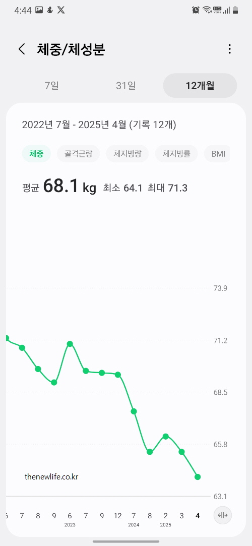 2022년 7월부터 2025년 4월까지 체중 변화를 보여주는 그래프 – 71.3kg에서 64.1kg까지 감소