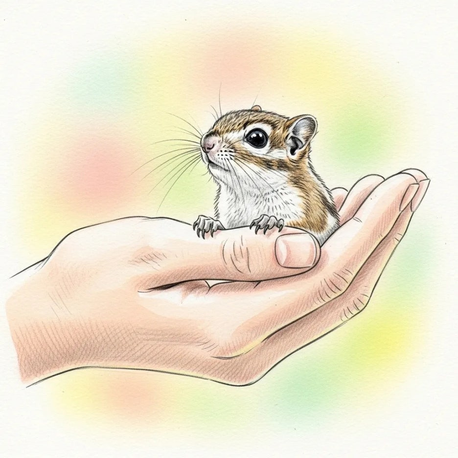 사람의 손에 앉아 호기심 가득한 눈으로 바라보는 작은 피그미다람쥐.