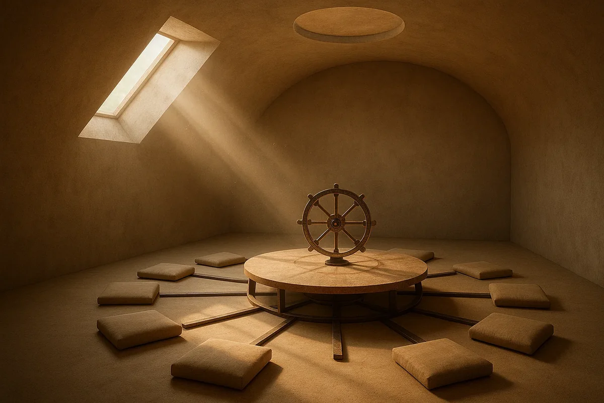 불교 팔정도를 상징하는 법륜과 12단계 모임을 나타내는 원형 테이블이 조화롭게 배치된 평화로운 명상 공간