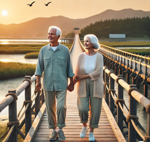 노년 부부가 짱뚱어다리에서 평온한 여행을 즐기는 사진