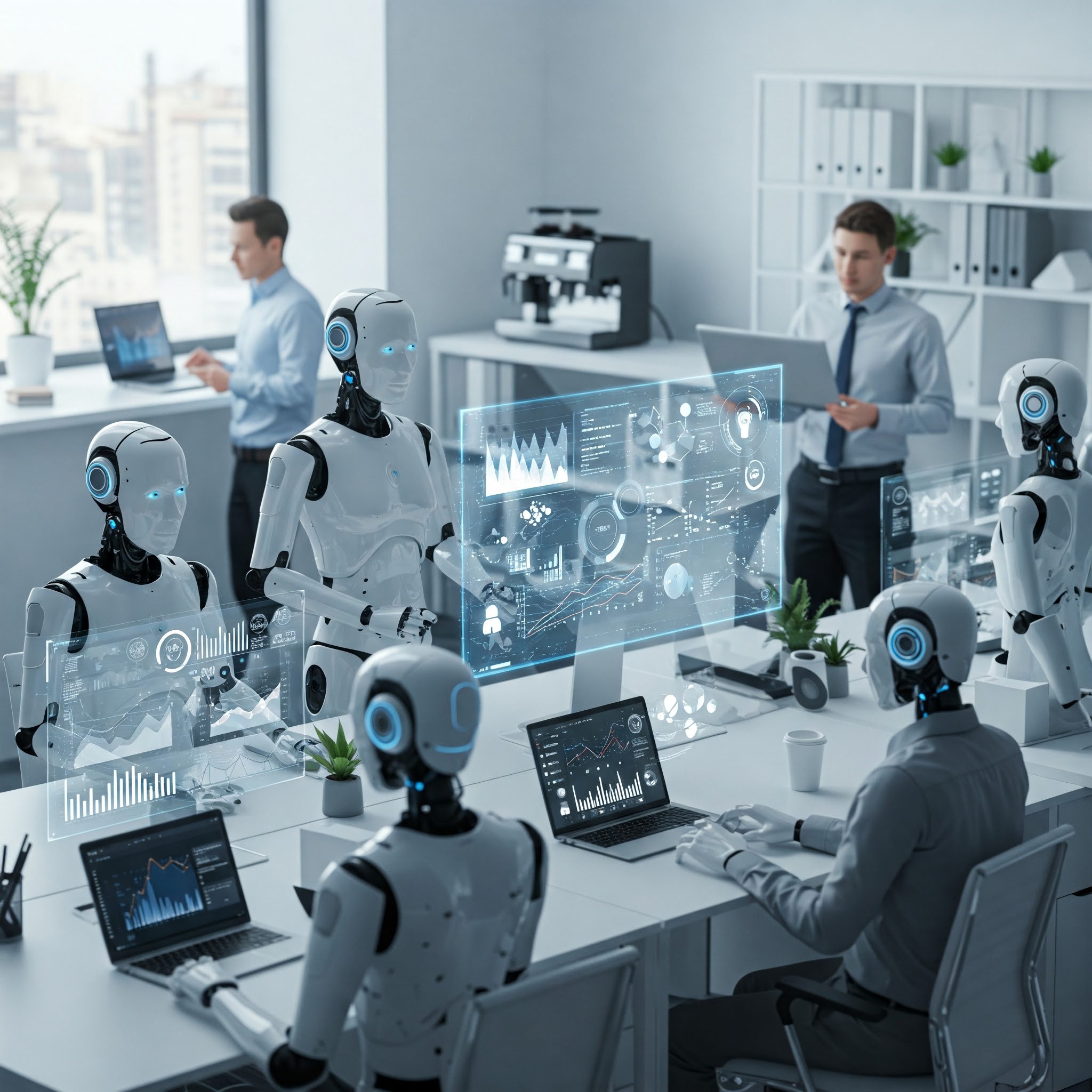 사이보그 로봇과 인간이 함께 일하고 있는 사무실 풍경