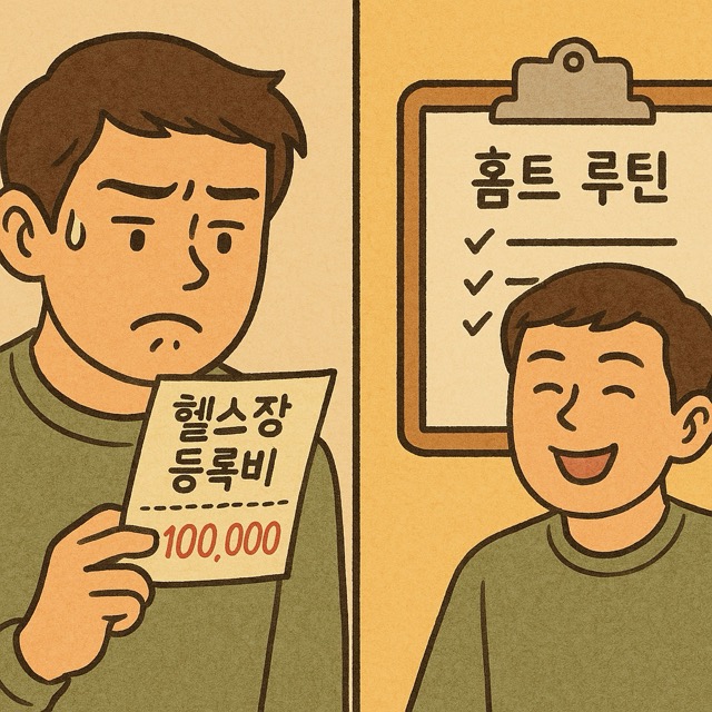 헬스장 등록비 고지서를 보며 한숨 쉬는 장면 옆에 홈트 루틴을 확인하며 안심