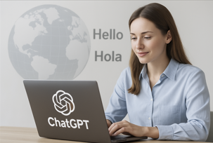 한 사람이 노트북을 보며 ChatGPT와 번역 작업을 하는 모습