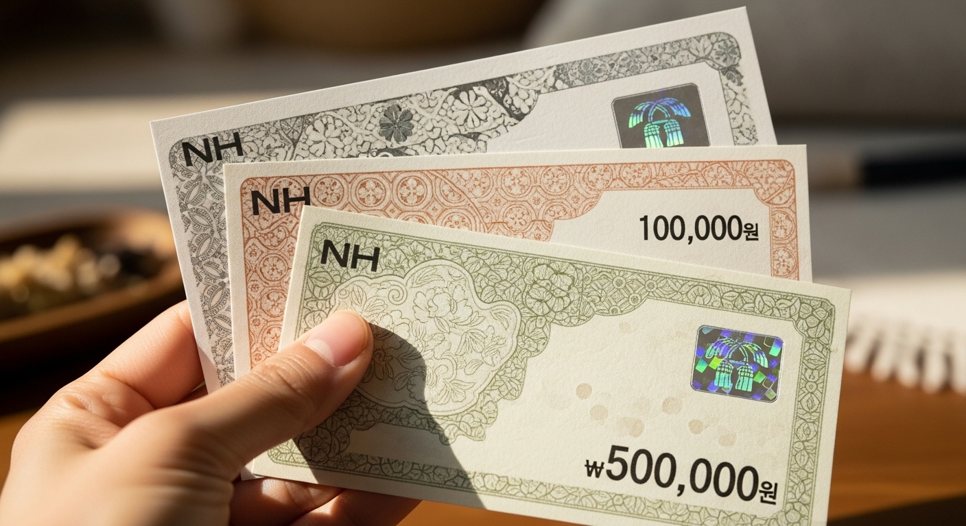 다양한 금액권의 농협 종이 상품권을 들고 있는 모습. 전통적인 디자인과 신뢰성을 강조합니다.