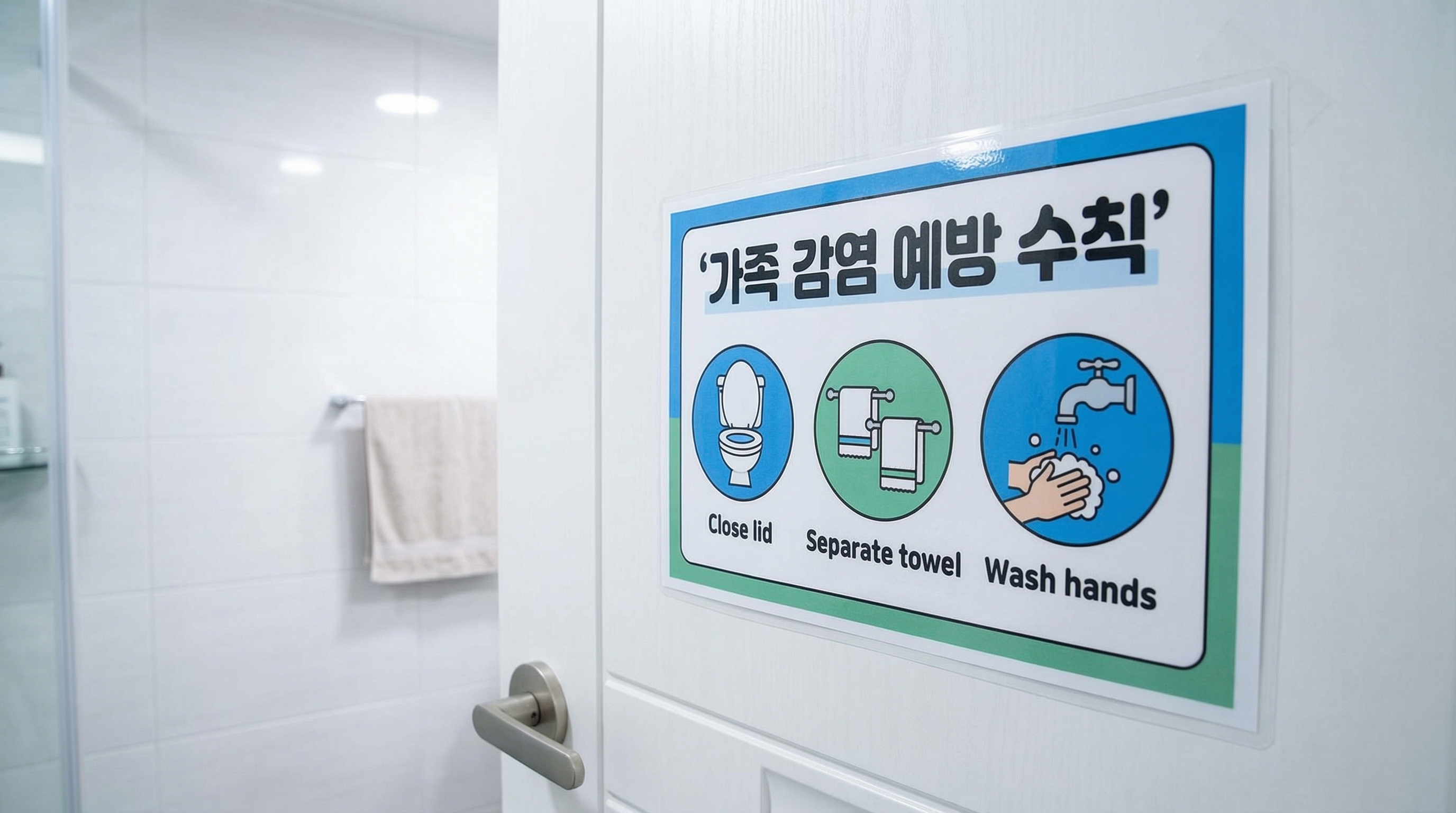 화장실 문앞에 가족 감염 예방 수칙 문구가 붙어있는 모습