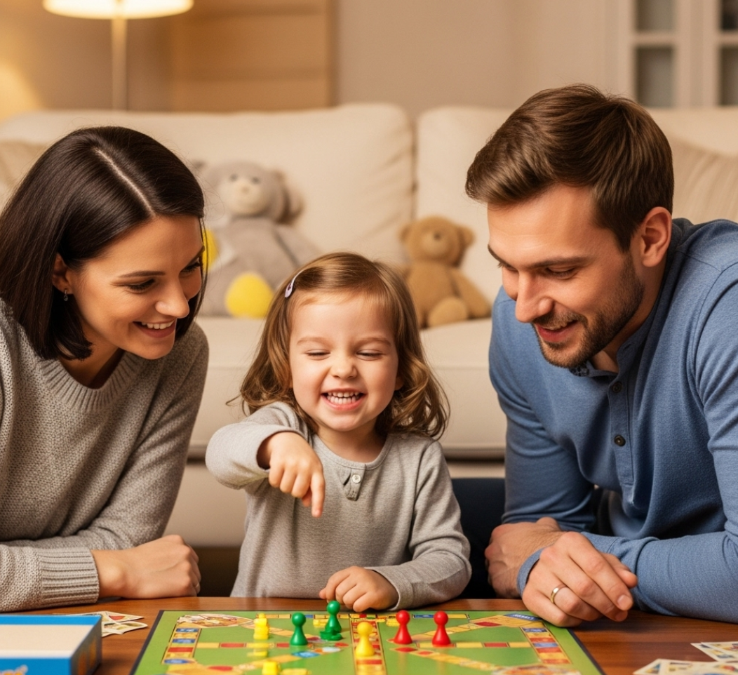 아빠엄마와 아이가 집안에서 보드게임을 하며 즐거워하는 모습 사진