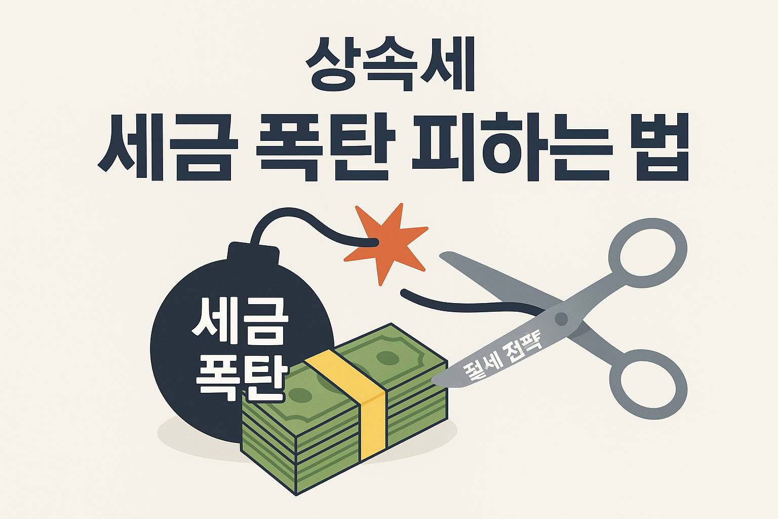 ‘세금 폭탄’ 그림 (만화 스타일 폭탄 + 돈 묶음) ‘절세 전략’이 그 폭탄선을 자르는 가위 이미지