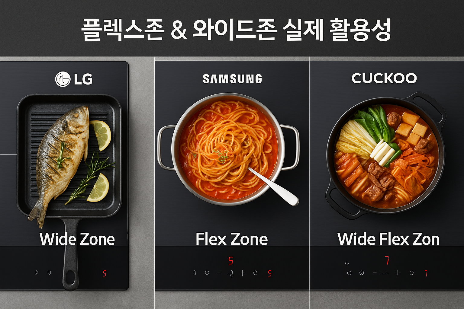 LG 와이드존, 삼성 플렉스존, 쿠쿠 와이드 플렉스존의 실제 조리 활용 비교 — 각 브랜드 인덕션의 조리 공간 효율성과 요리 예시 이미지