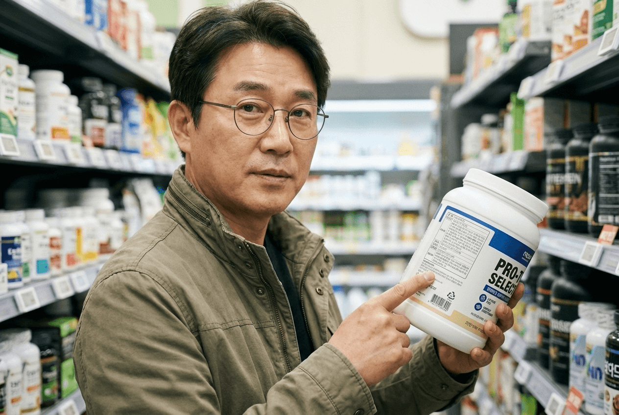 프로틴 제품 라벨을 손가락으로 짚으며 감미료와 점증제 성분을 확인하는 40대 남성의 모습. 유당불내증이 있는 프로틴 선택 상황을 표현한다.