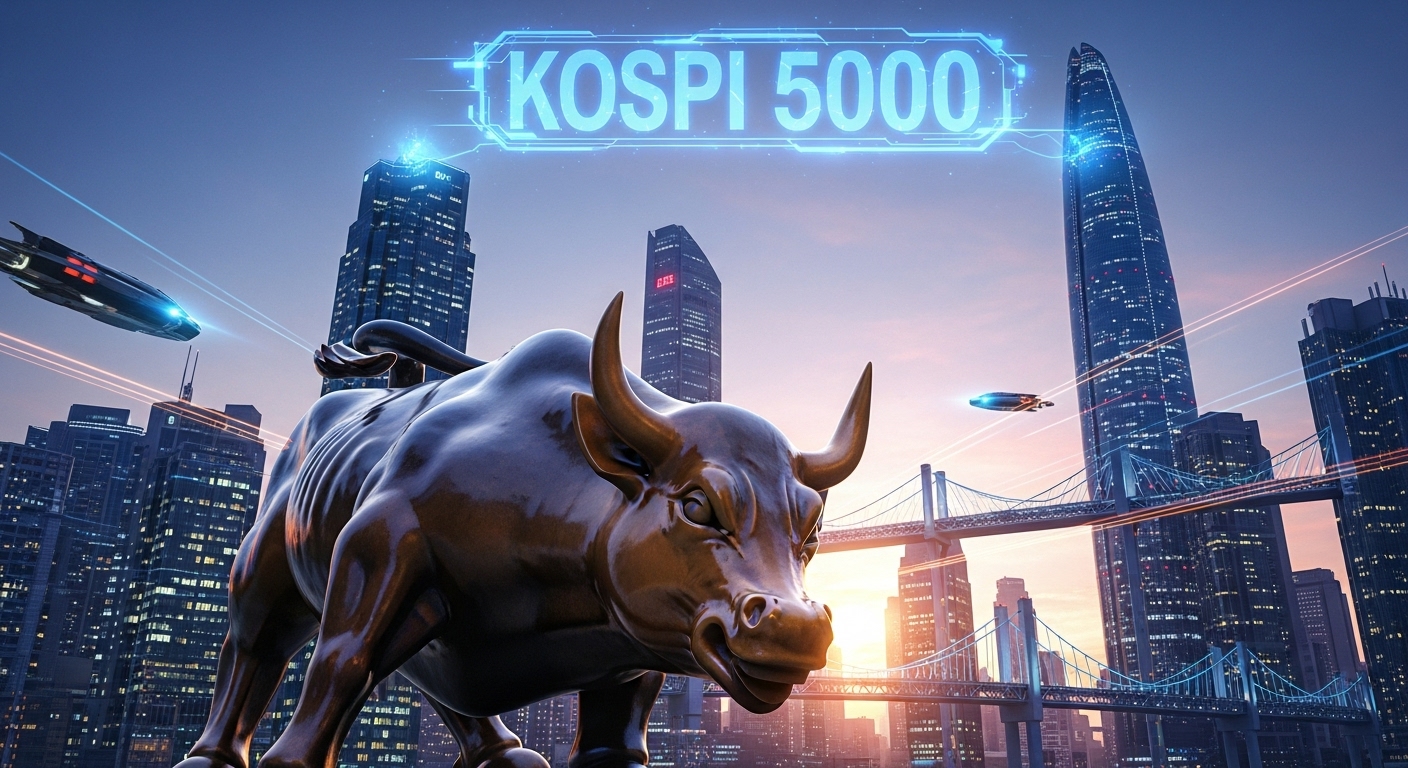 3D image of a giant bull statue (symbolizing Bull Market) standing against a futuristic city skyline, with 'KOSPI 5000' hologram glowing in the sky.