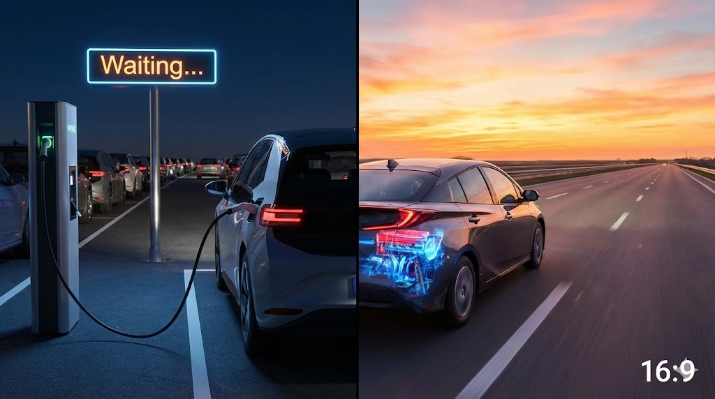 왼쪽은 어두운 밤, 전기차가 충전소에서 긴 줄을 서서 기다리는 모습을 "Waiting..."이라는 네온사인과 함께 보여줍니다. 오른쪽은 석양 속 고속도로를 하이브리드 자동차가 멈춤 없이 질주하는 모습으로, 엔진이 파란색과 붉은색으로 빛나며 효율적인 작동을 시각적으로 표현합니다. 두 이미지를 분할하여 하이브리드의 장점을 강조했습니다.