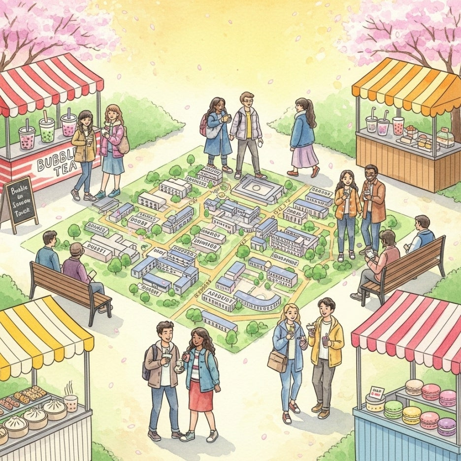 다양한 먹거리 부스가 줄지어 있는 활기찬 거리