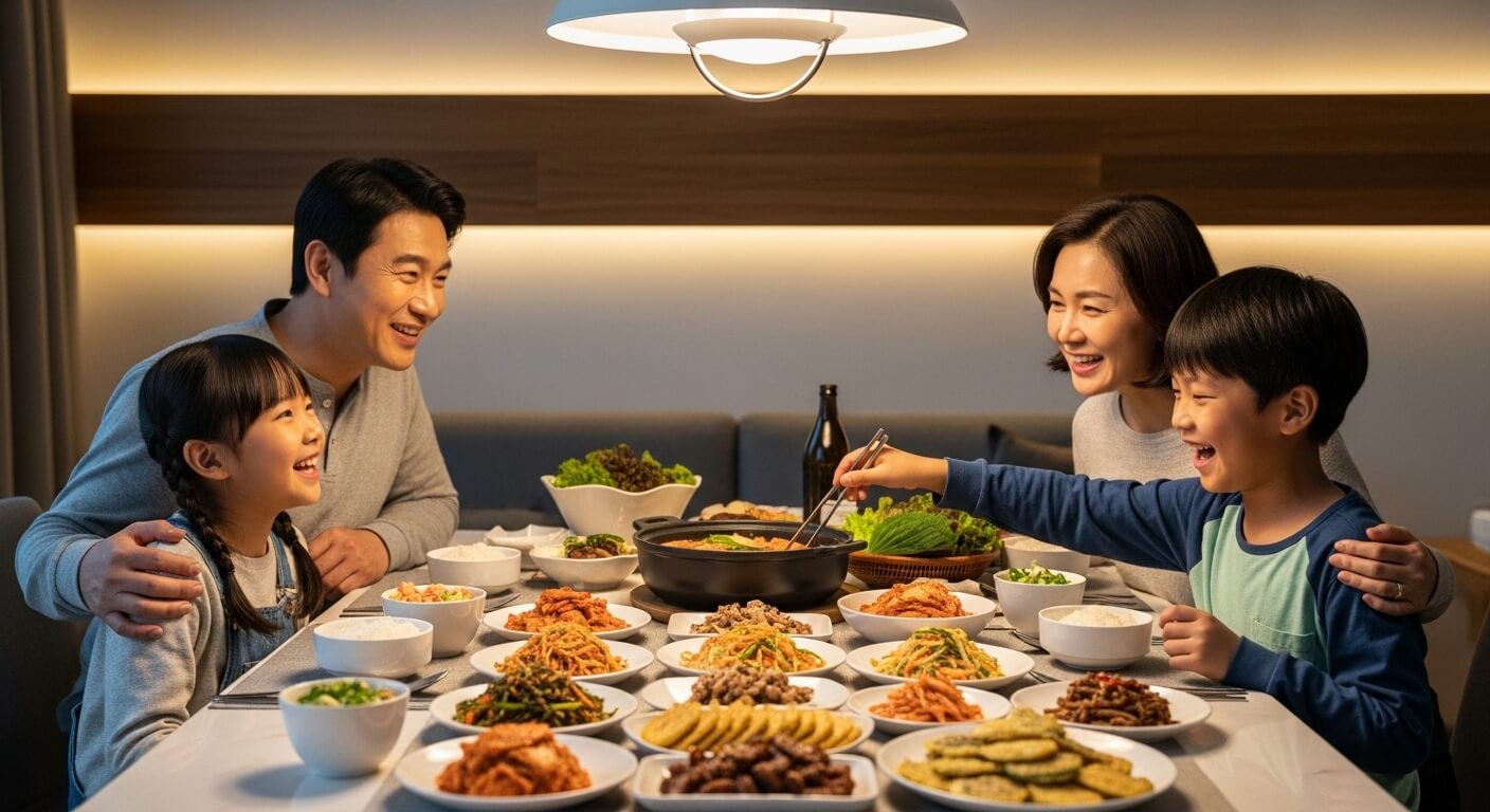 가족이 한자리에 여러찬과함께 식사를 하면 기뻐하는 모습