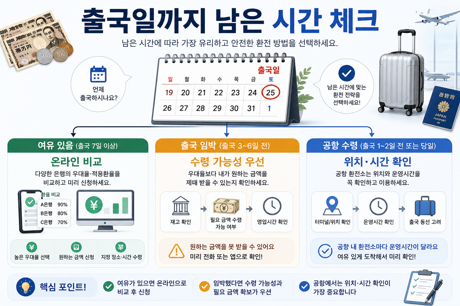 일본여행 출국일까지 남은 기간에 따라 엔화 환전 장소를 선택하는 이미지
