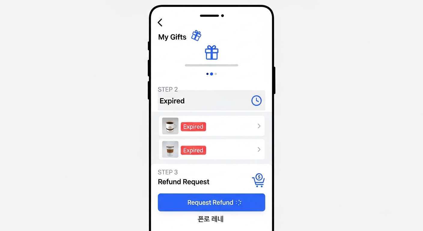 카카오톡 앱에서 유효기간이 지난 기프티콘을 환불 신청하는 과정을 보여주는 스마트폰 화면.
