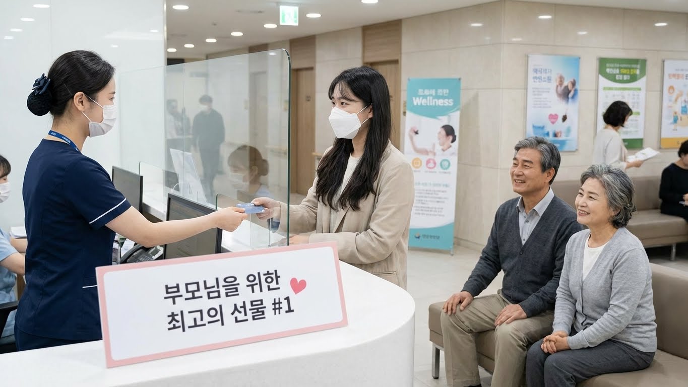 딸이 60대 부모님을 모시고 병원 접수처에서 예방접종 비용을 결제하는 따뜻한 모습