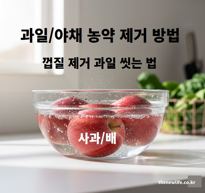 과일 야채 농약 제거 방법 중 사과와 배 껍질을 깎기 전 꼭지를 도려내고 씻는 올바른 세척 모습