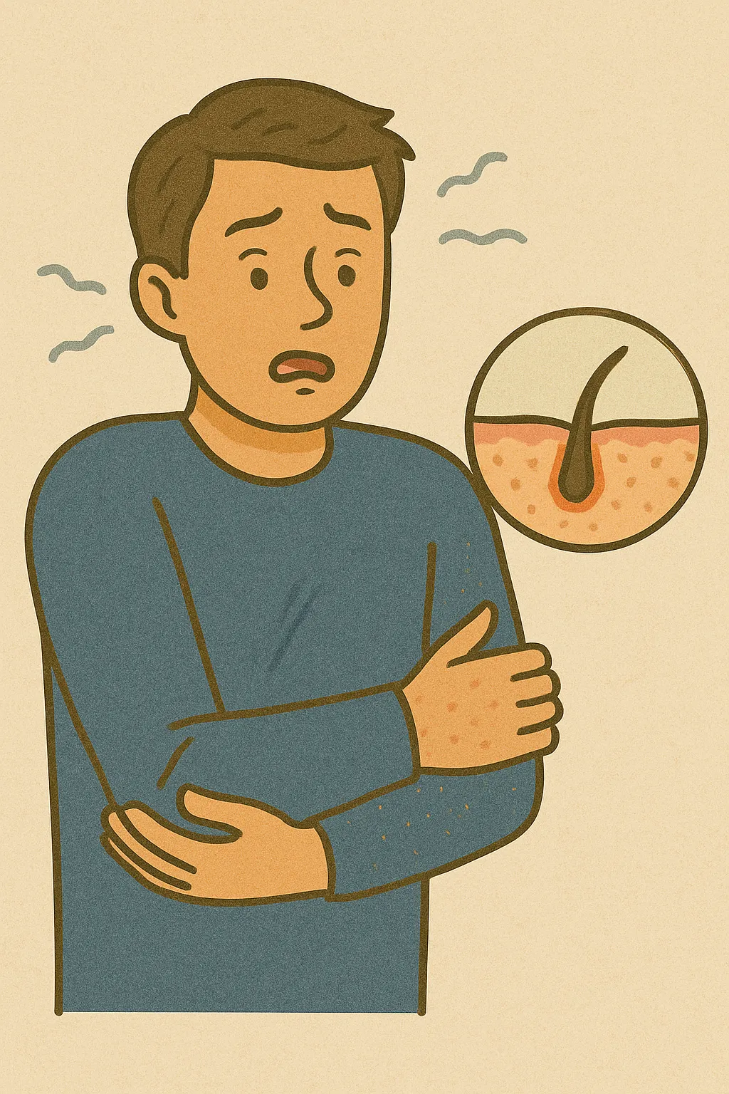 피부에-닭살이-돋는-이유를-표현한-일러스트로,-남성이-소름이-돋은-팔을-감싸며-놀란-표정을-짓고,-확대된-모공과-털이-돋은-피부-단면이-함께-묘사됨.