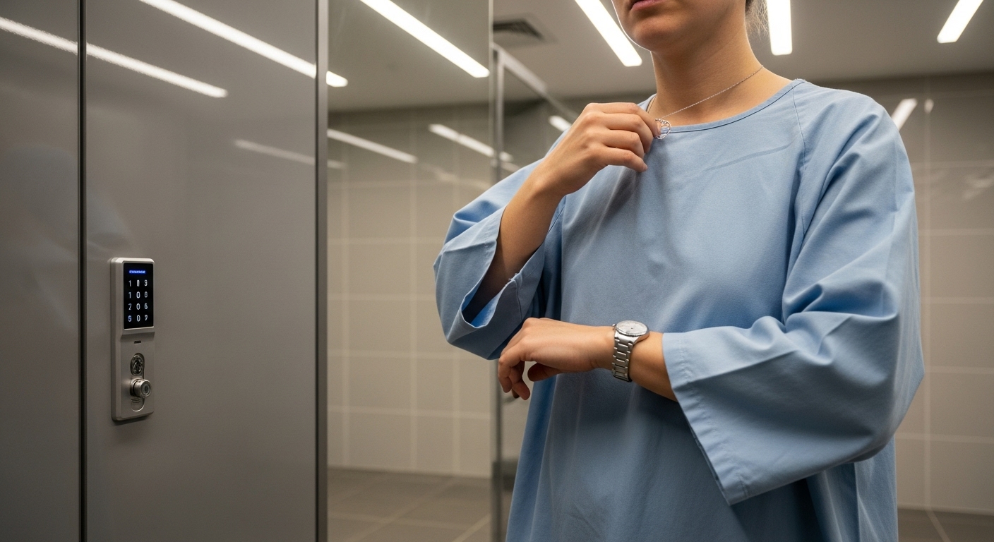 복부 CT 촬영을 위해 금속 액세서리를 제거하는 환자