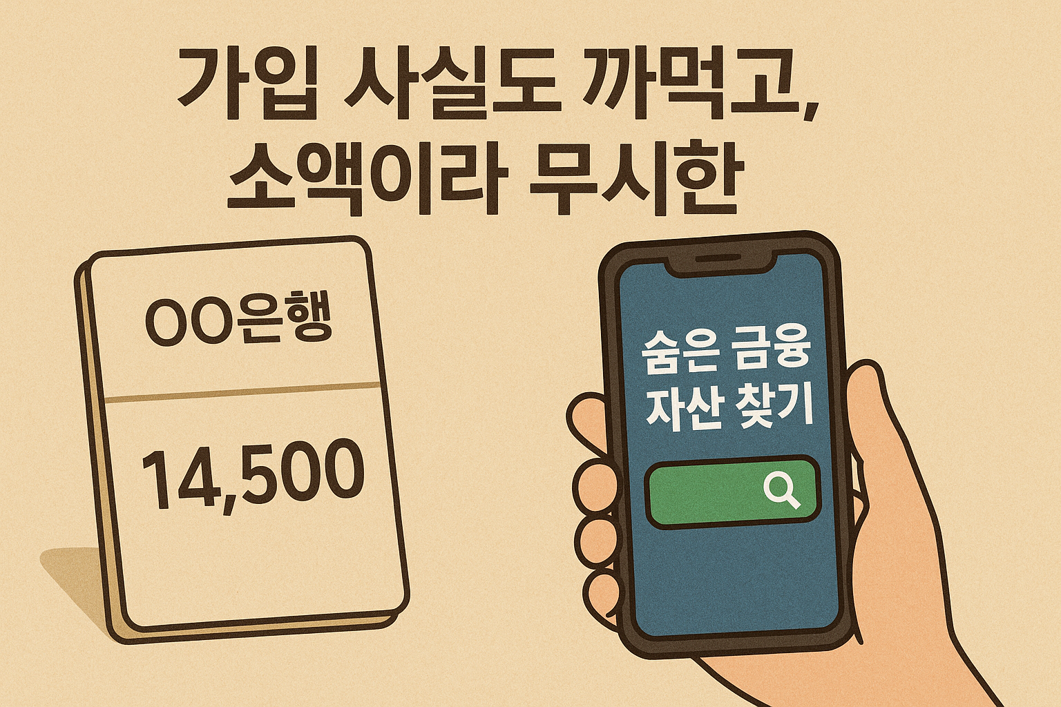 OO은행 통장과 스마트폰 화면에 표시된 ‘숨은 금융 자산 찾기’ 문구 – 숨은 돈을 찾는 모습을 상징적으로 표현한 이미지