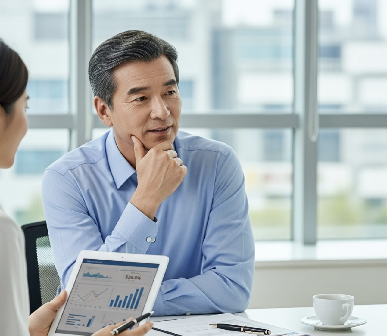 한국 남성이 보험가입을 상담받는 모습