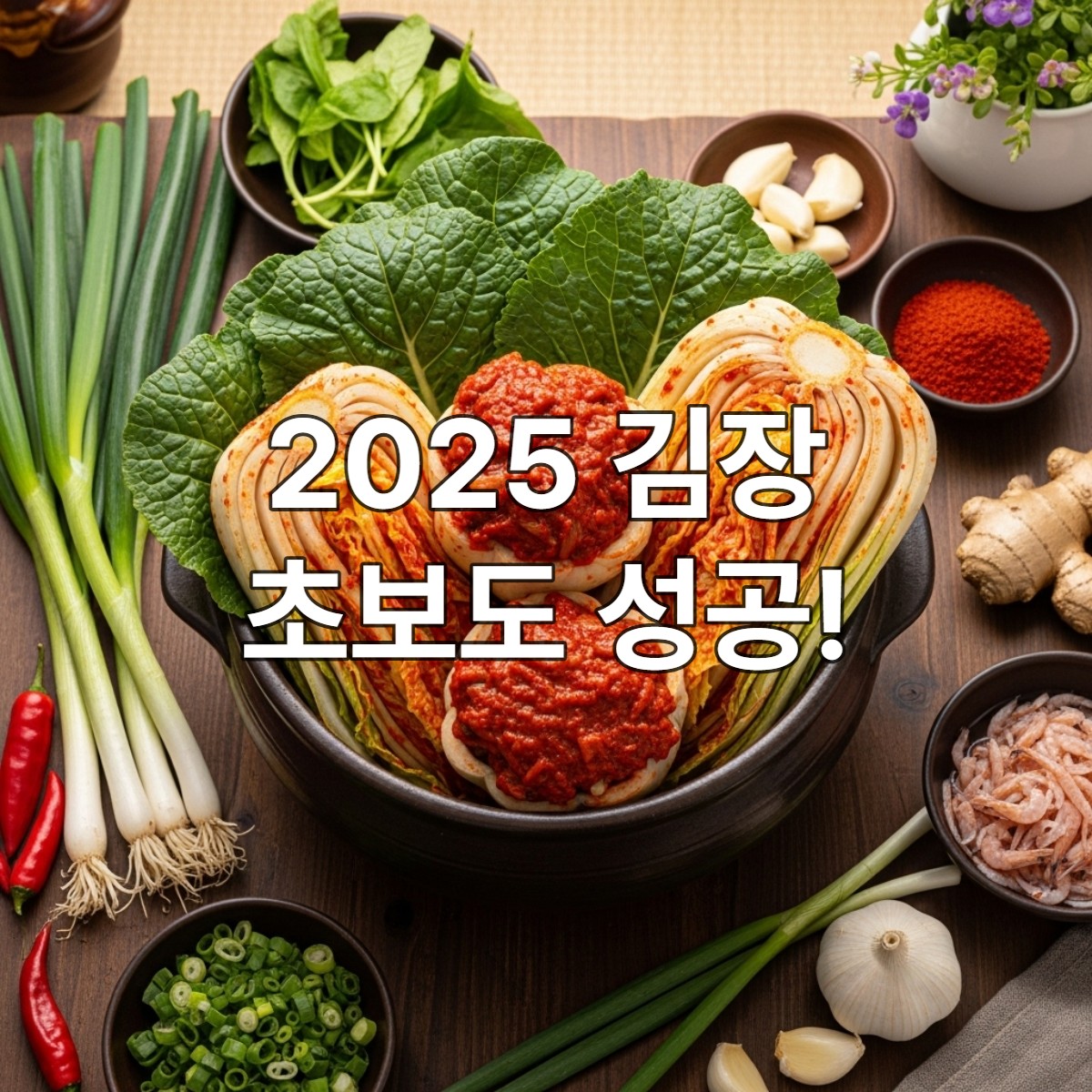 2025년 성공적인 김장을 마친 후, 전통 옹기에 담겨 정갈하게 놓인 김장김치와 신선한 재료들.