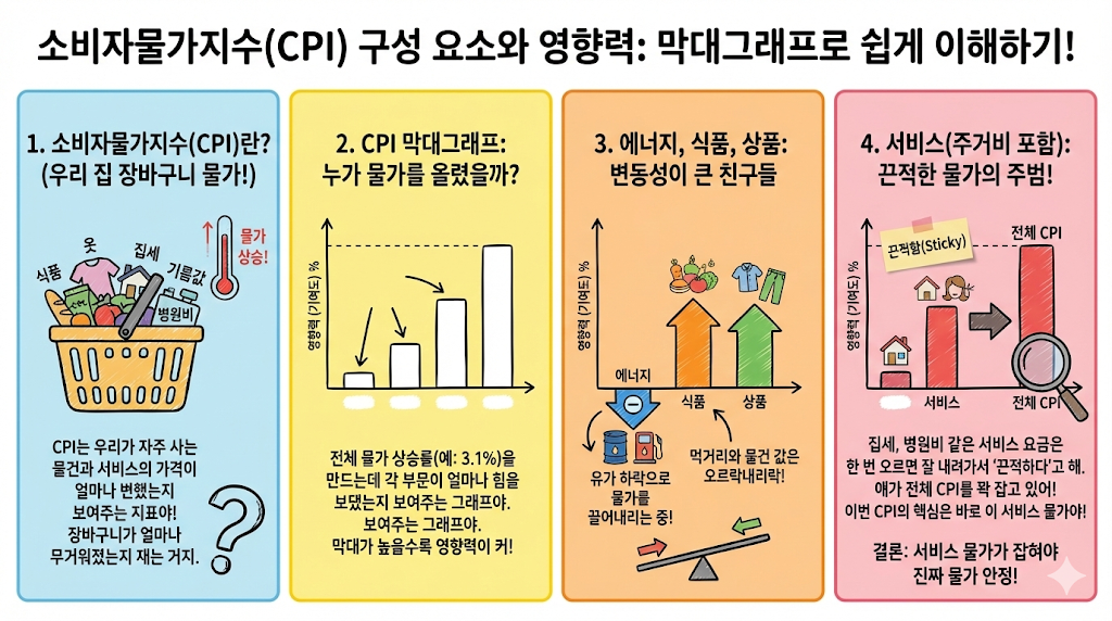 에너지, 식품, 상품, 서비스 부문이 전체 소비자물가지수에 미치는 영향을 보여주는 막대그래프