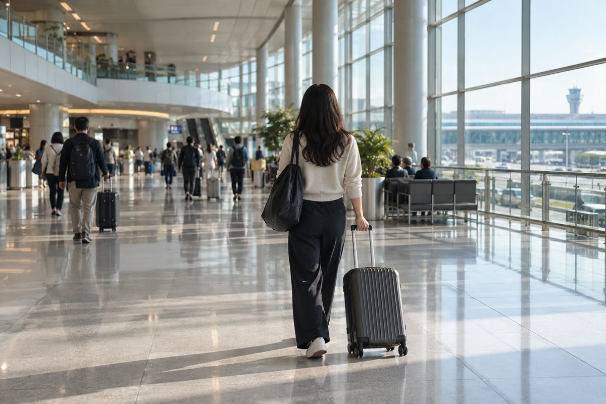 AI-generated traveler with a suitcase in a modern airport concourse.
