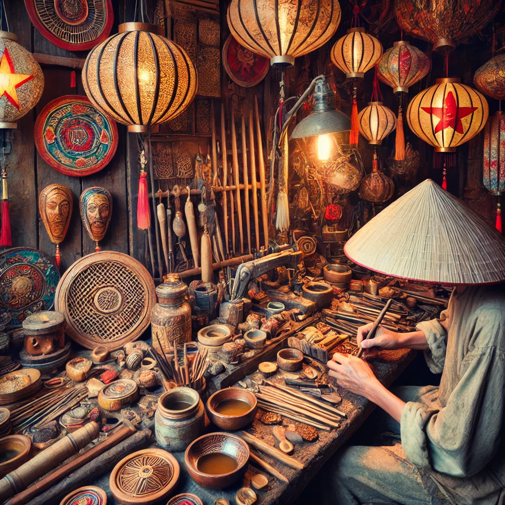 전통 공예품을 만드는 베트남 장인과 공방 풍경
