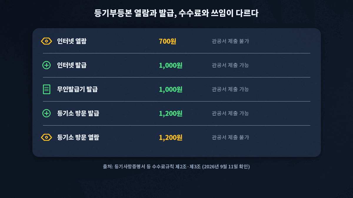 등기부등본 열람 발급 방문 무인발급기 수수료와 제출 가능 여부 비교