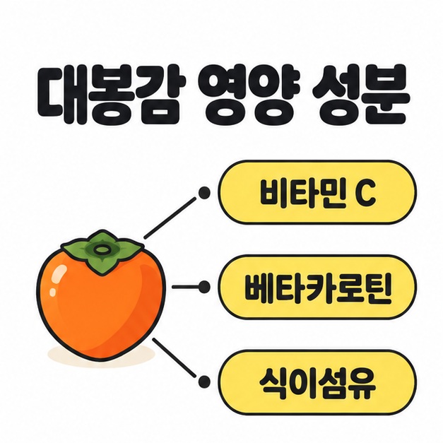 대봉감 삽화에서 비타민 C, 베타카로틴, 식이섬유를 세 갈래로 연결한 영양 성분 도식