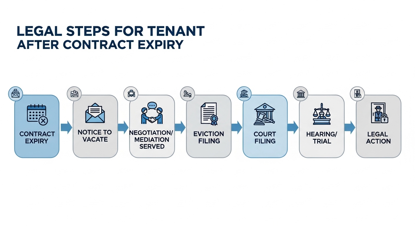 전세 계약 만료 후 보증금 반환 지연 시 임차인이 취할 수 있는 단계별 법적 대응 절차를 보여주는 플로우차트 이미지입니다.