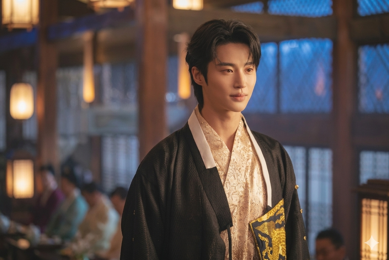 "은은한 금빛 자수가 놓인 한복 저고리와 검은색 겉옷을 입은 변우석이 고풍스러운 한옥 내부에서 진지한 표정을 짓고 있는 드라마 속 장면"