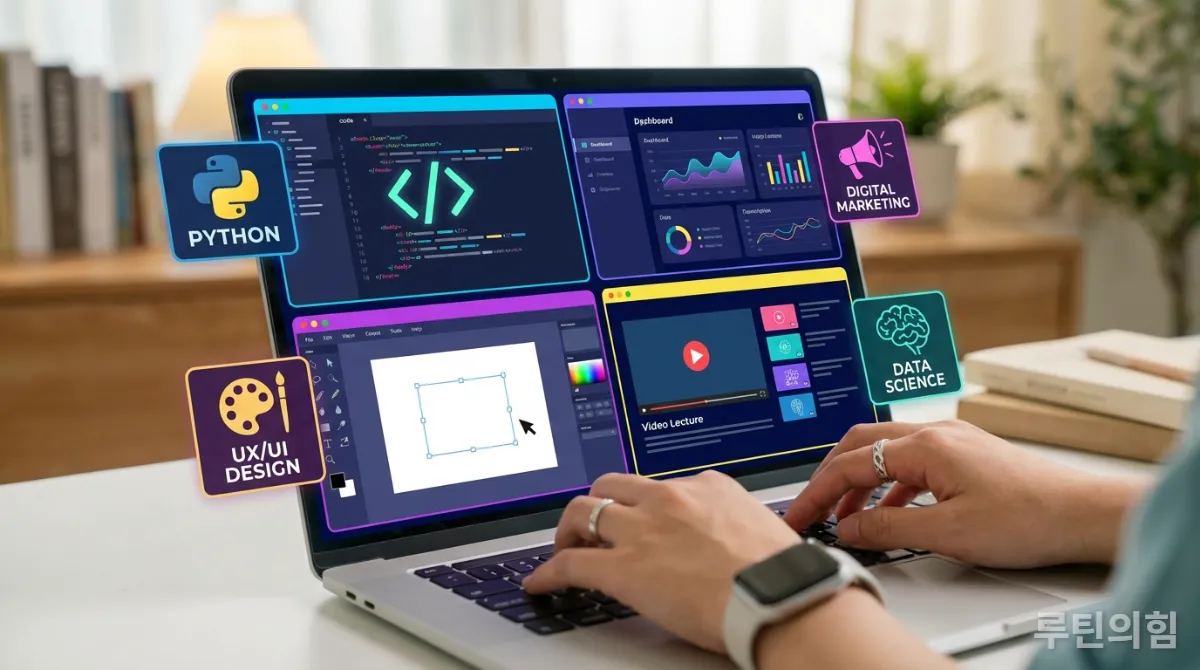 다양한 온라인 자격증 학습 화면이 보이는 노트북과 키보드를 사용하는 한국인 손. 여러 분야의 자격증을 비교 분석하는 장면.