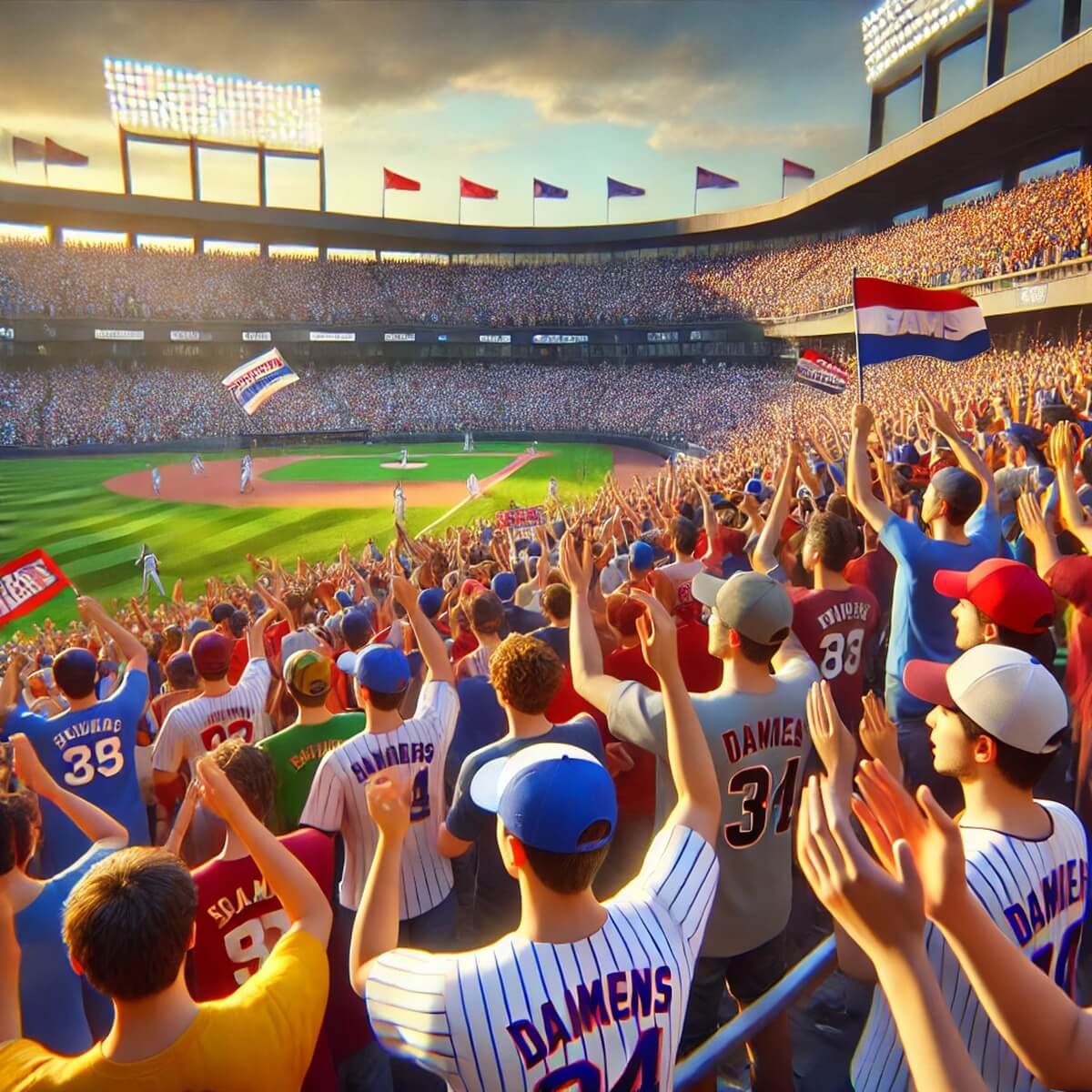 야구장에서 단체 응원 중인 팬들의 열기