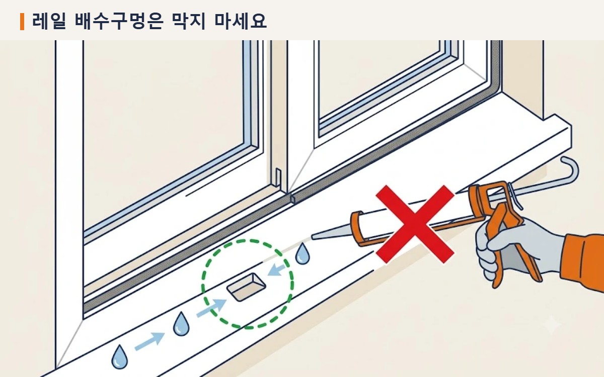 창문 아래 레일의 배수구멍을 비워 두고 레일 바닥에 실리콘을 쏘지 말라는 안내 그림