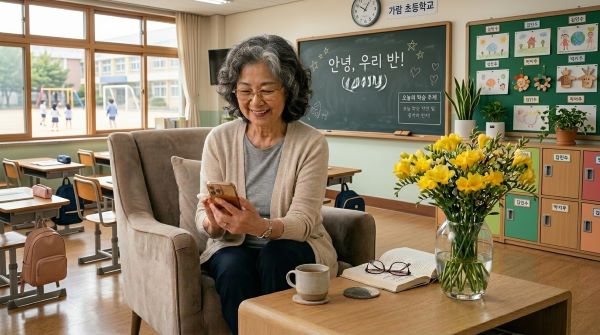 프리지어꽃을 받은 여인이 폰으로 답장하는 장면