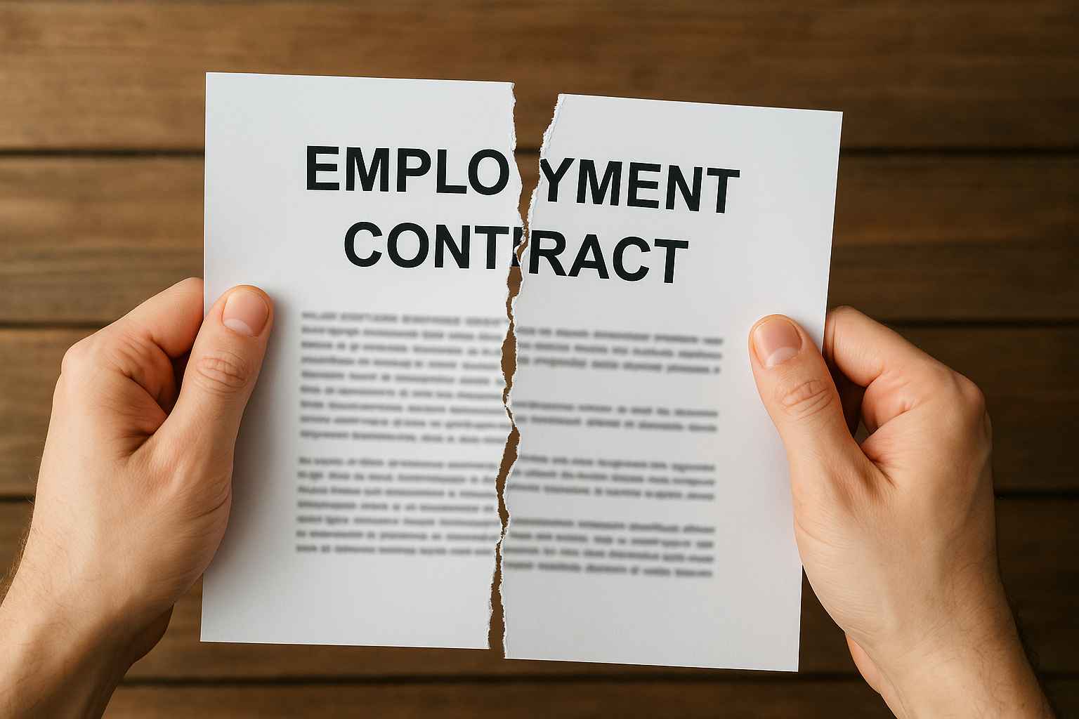 근로계약서를 찢는 장면, 근로계약 위반을 상징하는 이미지