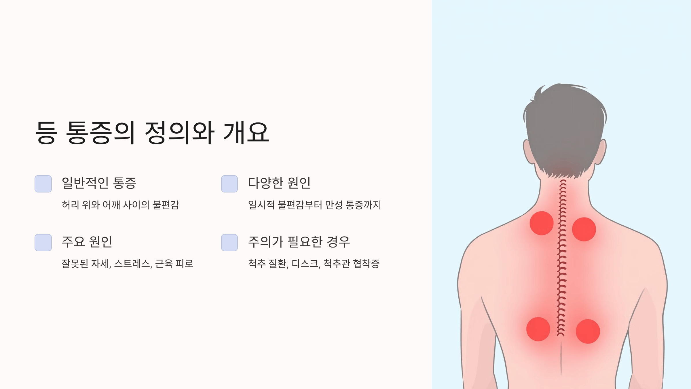 등이 아픈 증세와 관련된 사진입니다.